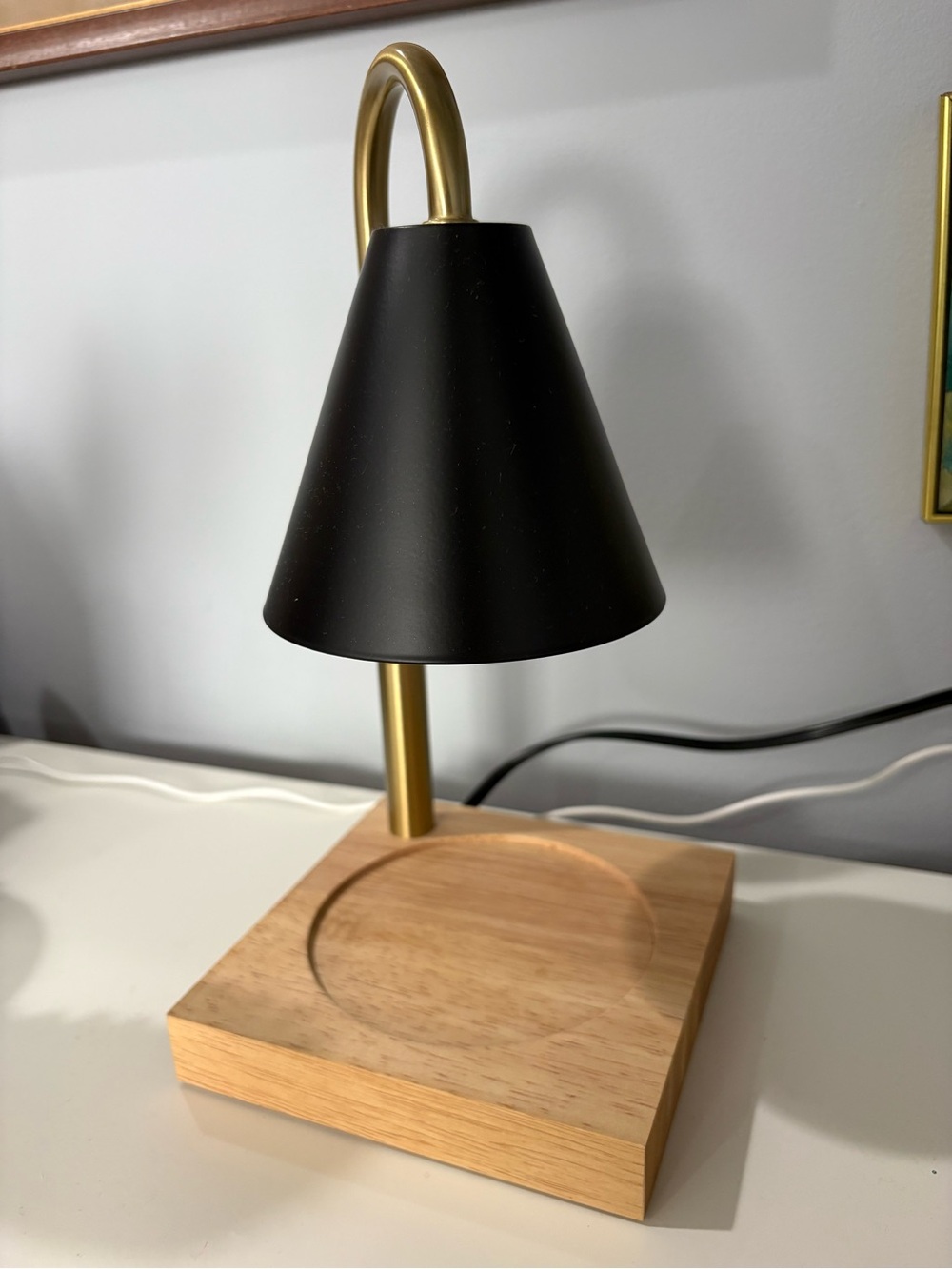 Black and Gold Accent Lamp with Natural Wood Base